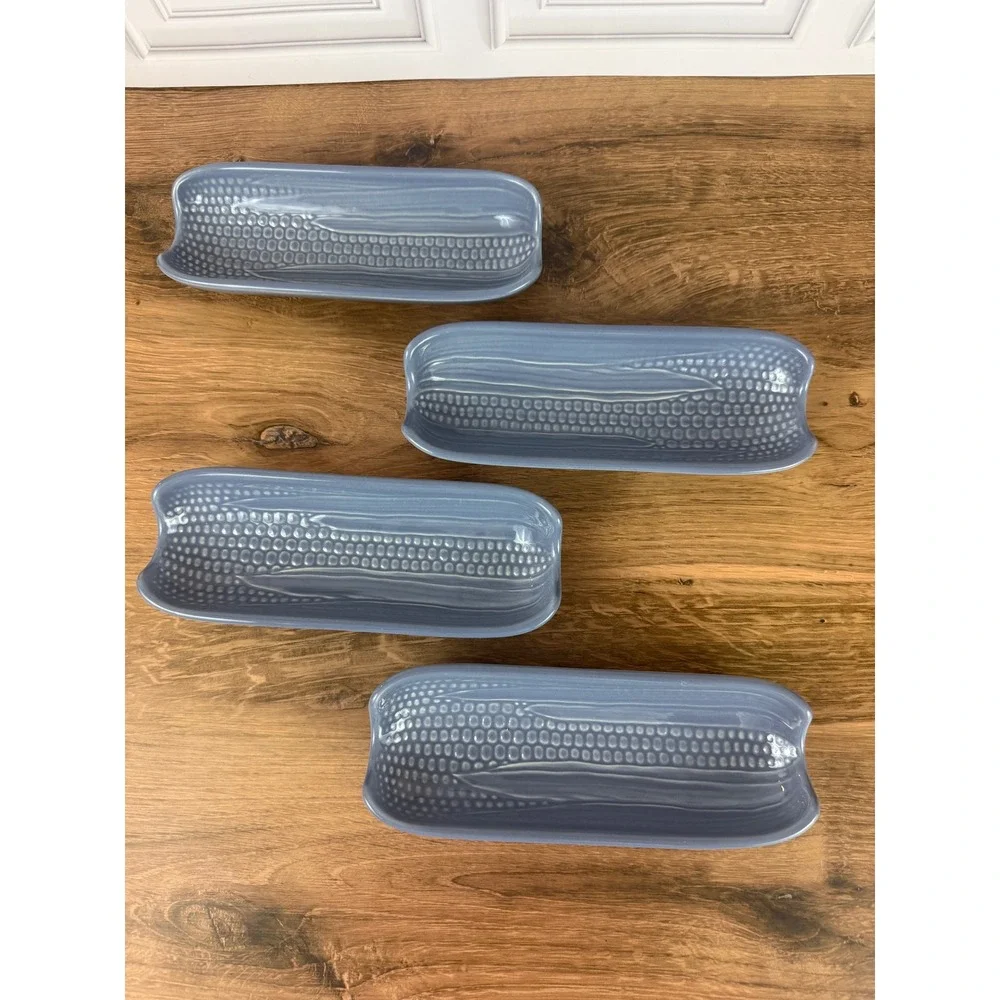 Vintage Set of 4 Pfaltzgraff Ceramic Corn Cob Dish Blue Rio Pedestal‎ Feet EUC